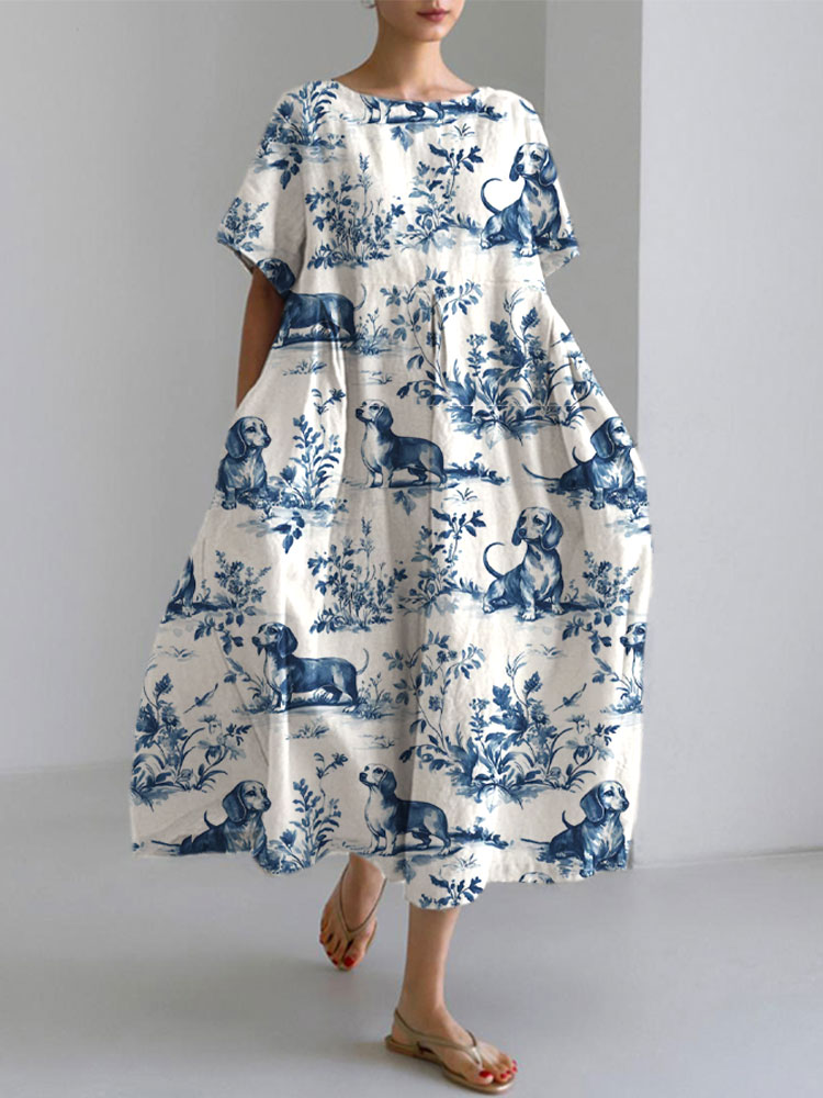 Women's Retro Funny Denim Patch Animal Dog Print Casual Dress wearshes