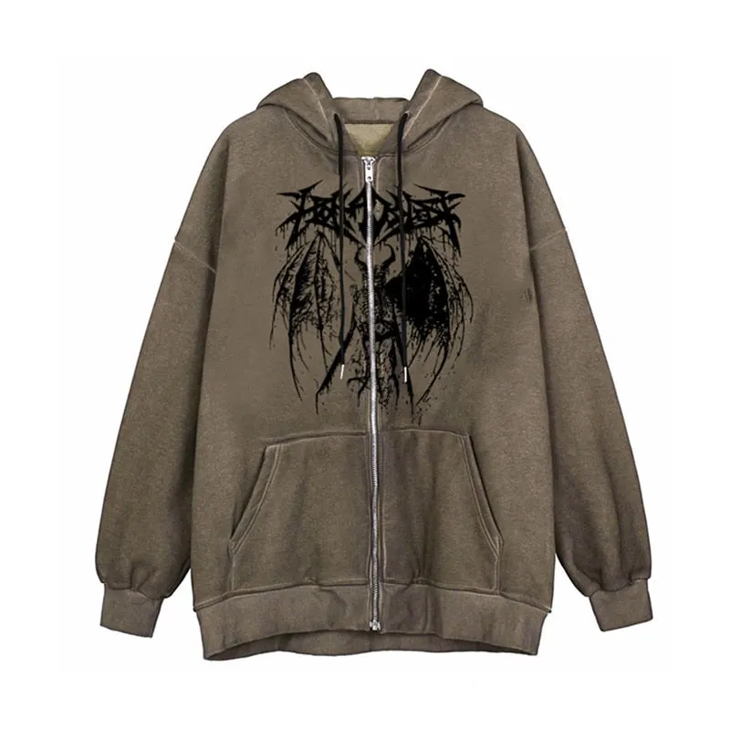 Xingqing Women Full Zip Hoodies Fashion Portrait Print Long Sleeve Loose Sweatshirt Tops Y2K Aesthetic Ladies Clothes Streetwear