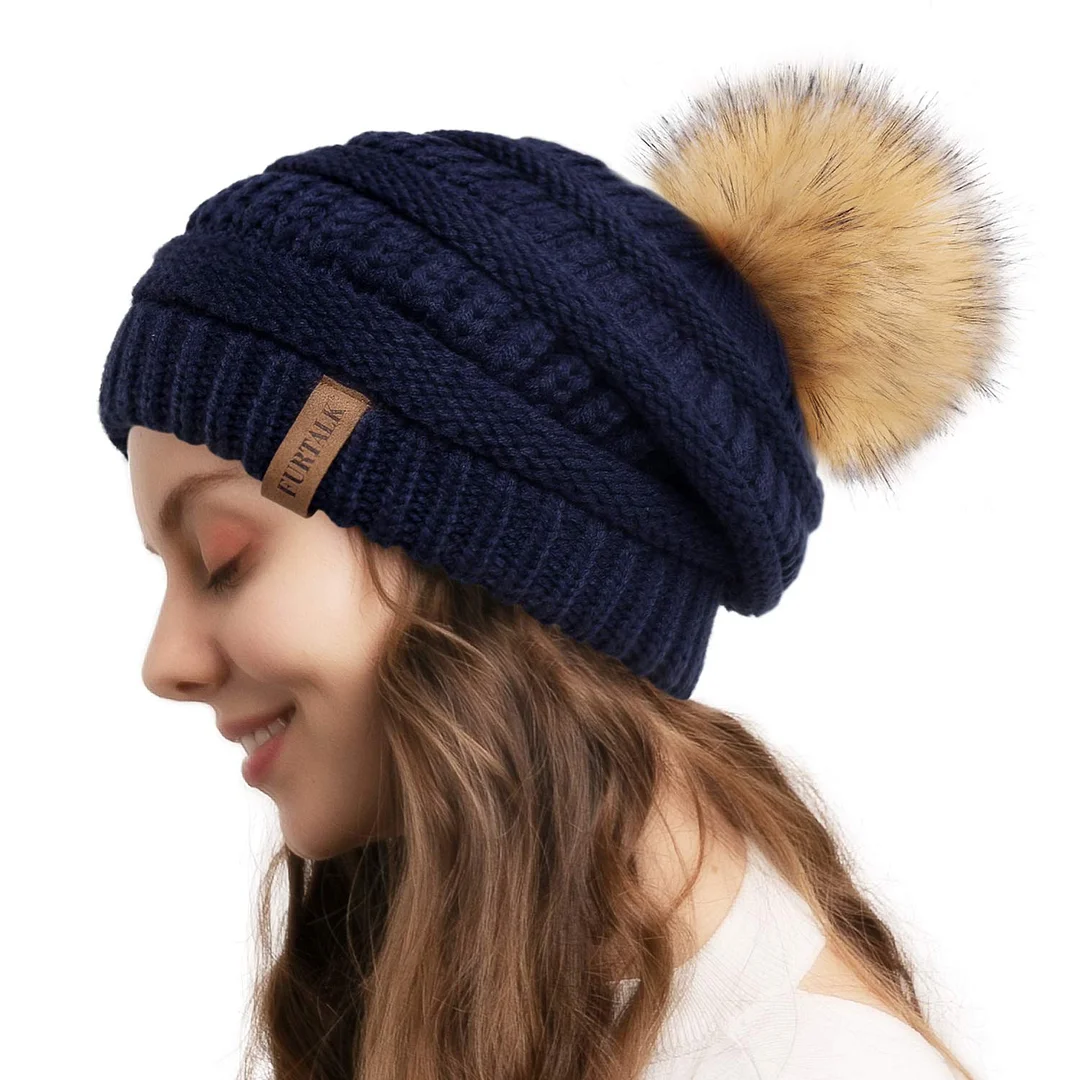 Warm Skull Ski Cap Faux Fur Pom Pom Hats for Women