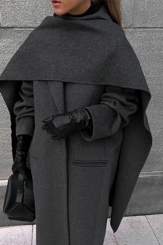 Scarf Collar Longline Woolen Elegant Solid Overcoat
