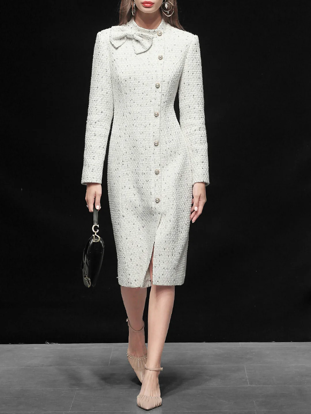 Sheath Date Bow Solid Elegant Midi Dress