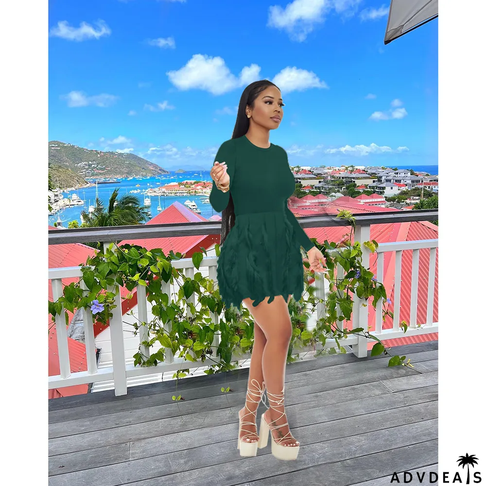 Solid Color O Neck Tassel Mini Dress