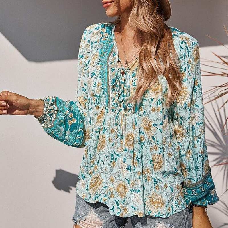2022 Bohemian Fashion Floral Blouse Women Casual Long Puff Sleeve V Neck Shirt ZANZEA Vintage Holiday Party Chemise Oversized