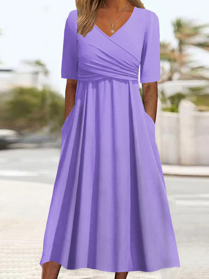 Women Half Sleeve V-neck Solid Color Dress