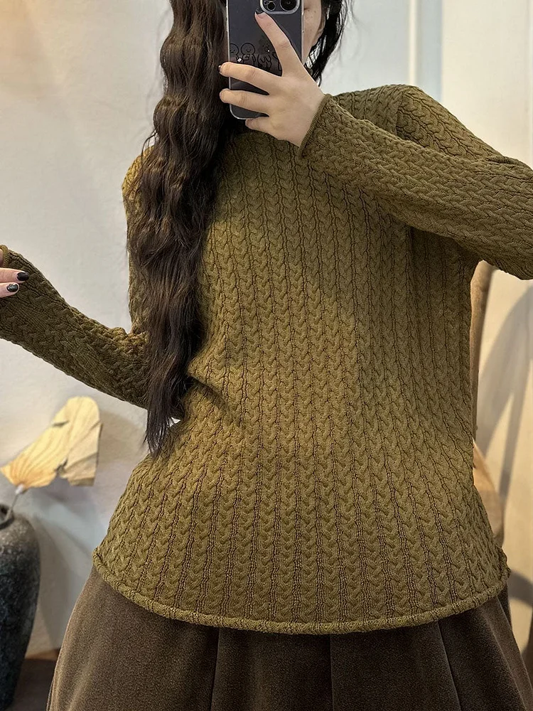 Women Casual Stripe 3D Knitted Solid Turtleneck Sweater