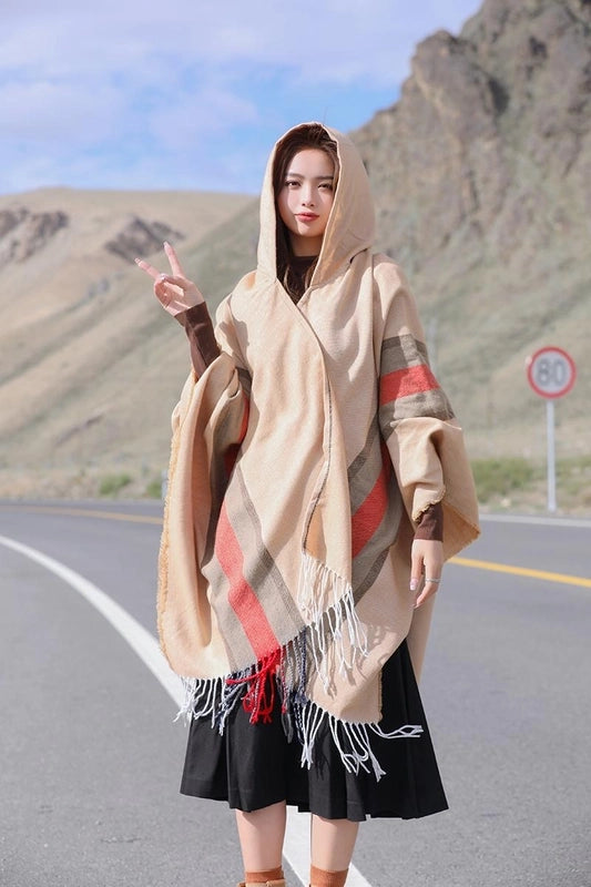 Ethnic Style Hooded Shawl Cloak Lijiang Xinjiang Tibet Northwest Tourism Wear Photograph Warm Outer Cape