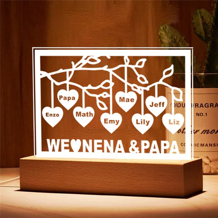 Personalized Family Tree Night Light LED Sign Engraved 8 Names Plaque USB Power Lamp