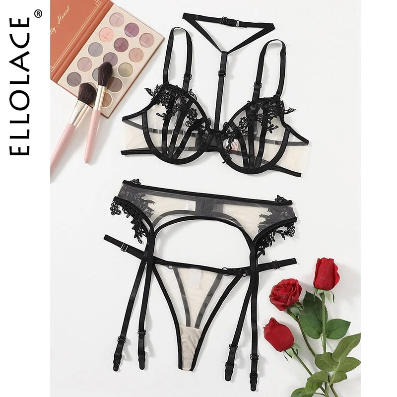 Ellolace Lace Erotic Lingerie Sexy See Through Bra Exotic Sets Halter 3-Piece Transparent Sensual Underwear Hot Setup Ladies