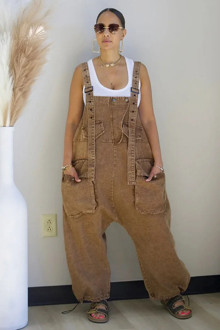 Studded Straps Pockets Denim Tapered Leg Harem Overalls-Brown [Pre Order]