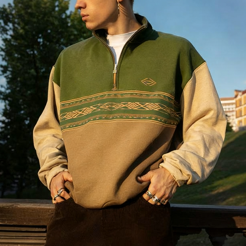 Men's Loose Casual Retro College Style Half-open Collar Stitching Printed Sweatshirt