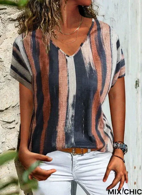 Stripes V Neck Basic Shift T-shirt