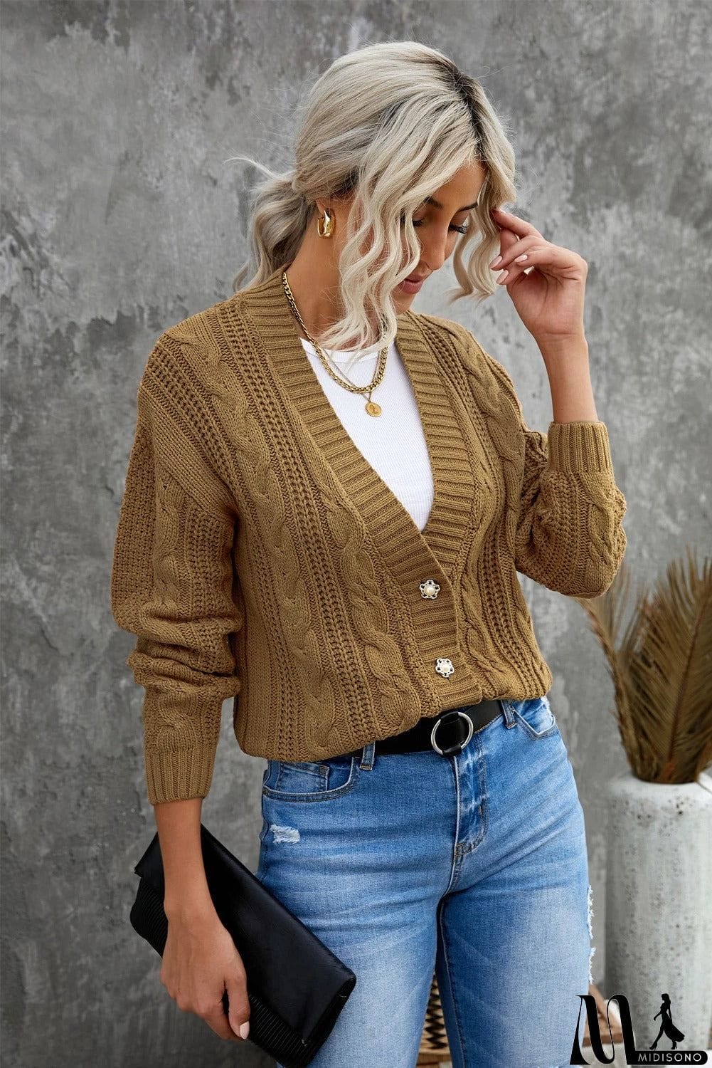 MidiSono - Buttons Weave Knit Cardigan