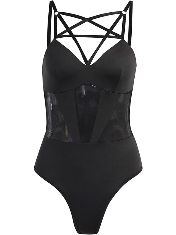 Pentagram Bandaged Mesh Paneled Black Bodysuit