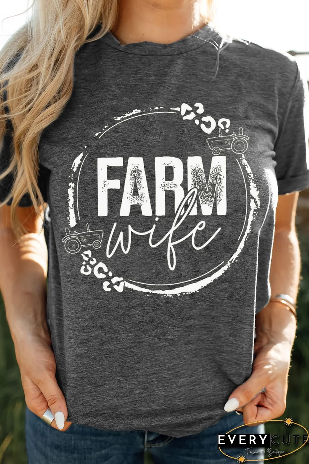 Gray Farm Wife Casual Short Sleeve Printed T Shirt