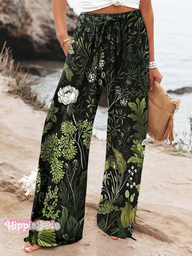Women’s Floral Art Print Cotton And Linen Casual Pants Multicolor / S