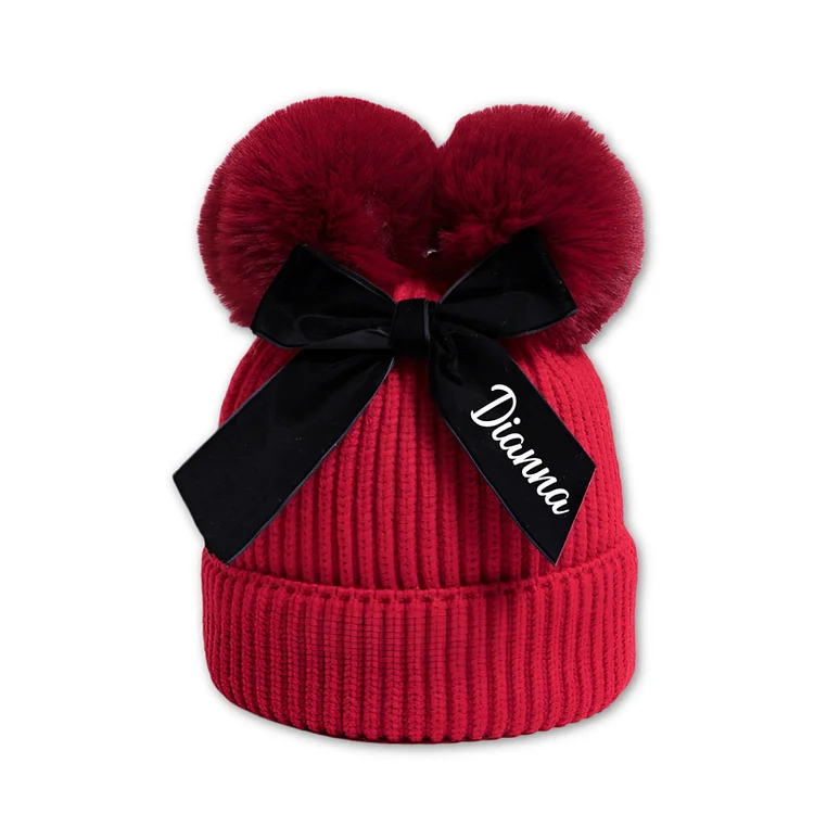 Custom Baby Beanie Hats, Personalized Name Double Bobble Knit Hat with Bow for Boys & Girls – Soft Warm Infant Toddler Winter Hat, Beanie Babies Cap Dark Brown