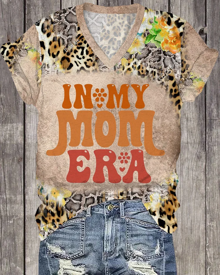 In My Mom Era Leopard Flower Print V Neck Short Sleeve T-shirt
