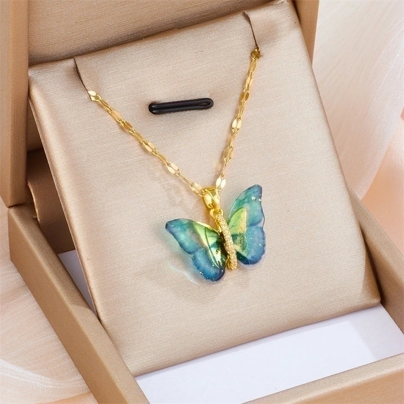 Sweet Butterfly Titanium Steel Inlay Artificial Gemstones Pendant Necklace