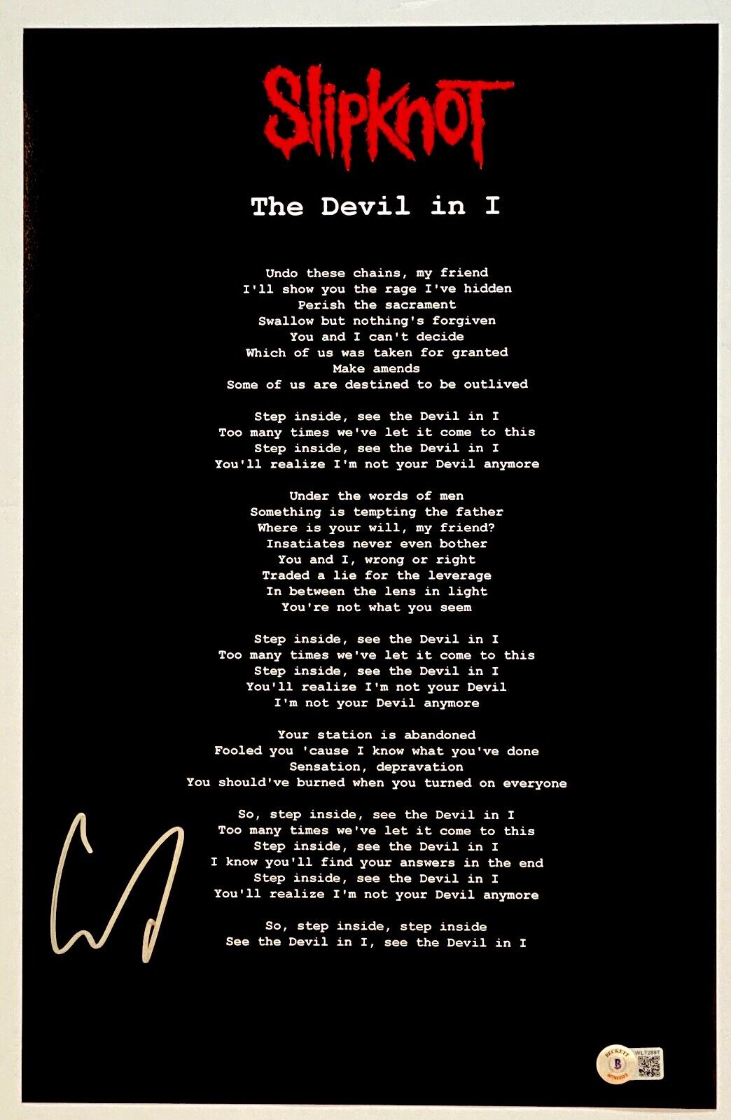 Corey Taylor Signed Slipknot The Devil In I 11x17 Lyric Poster Beckett COA