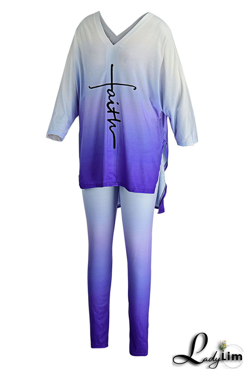 Black Casual Gradual Change Print Patchwork Slit V Neck Half Sleeve Two Pieces