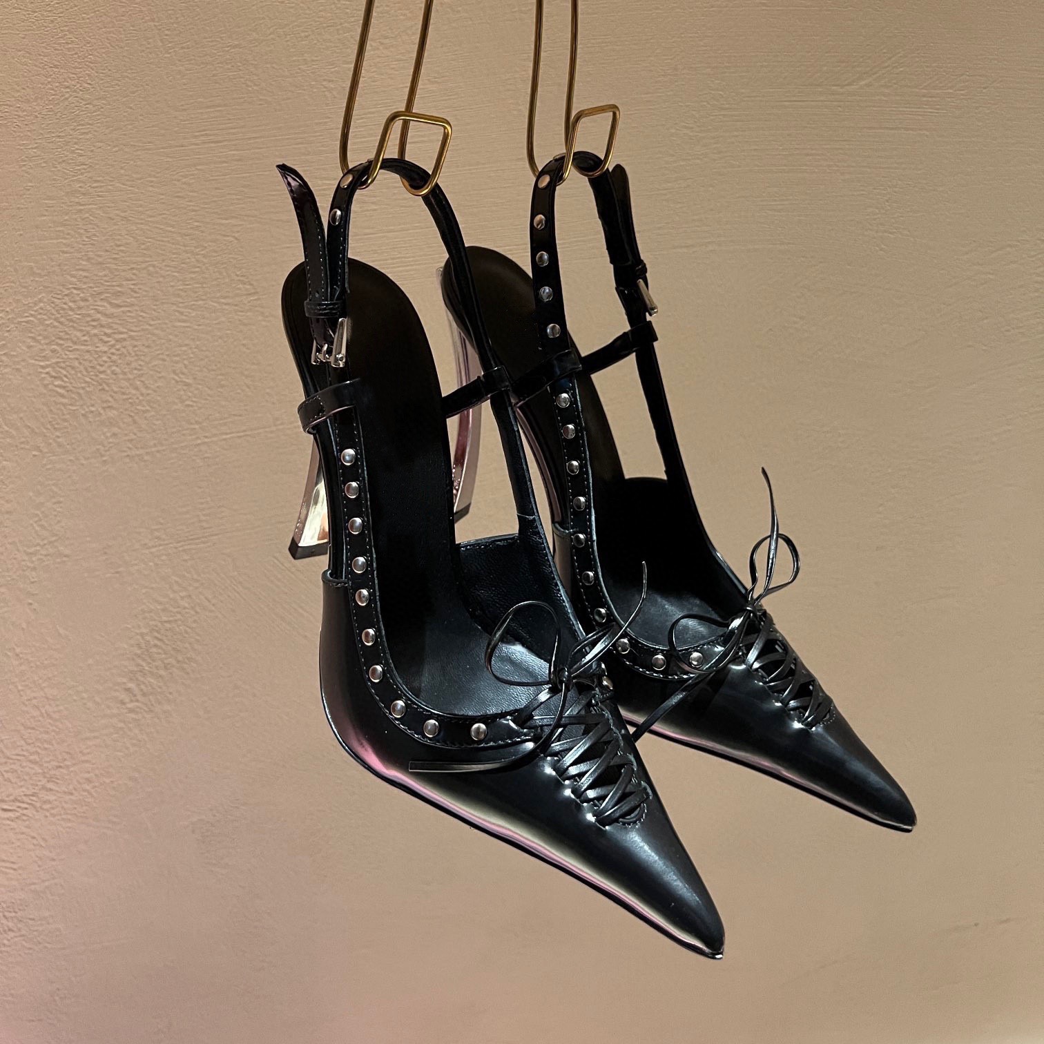 GOOSHOE Sandals Women's Metal Stiletto Rivet Lace-up Sandals Shoes