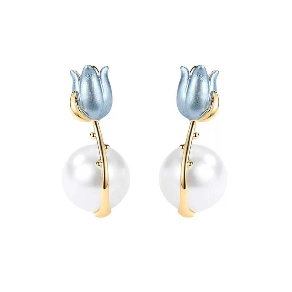 MIKAMU 14K Gold Plate Pearl Stud Earrings Blue Tulip Flower Sparkle Pearl Dangle Earrings for Women Drop Earrings for Women Jewelry Gift