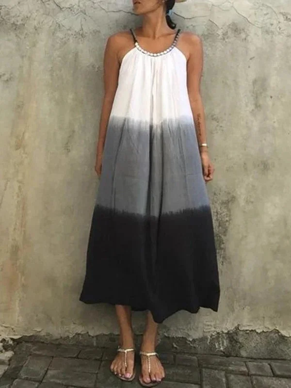 Women's Sleeveless Scoop Neck Colorblock Printed Midi Dress