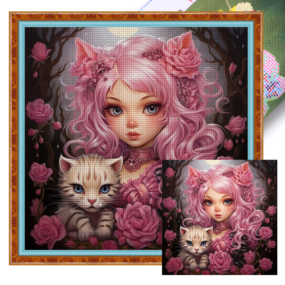 Girl Holding A Cat Full 11CT Pre-stamped Canvas(50*50cm) Cross Stitch