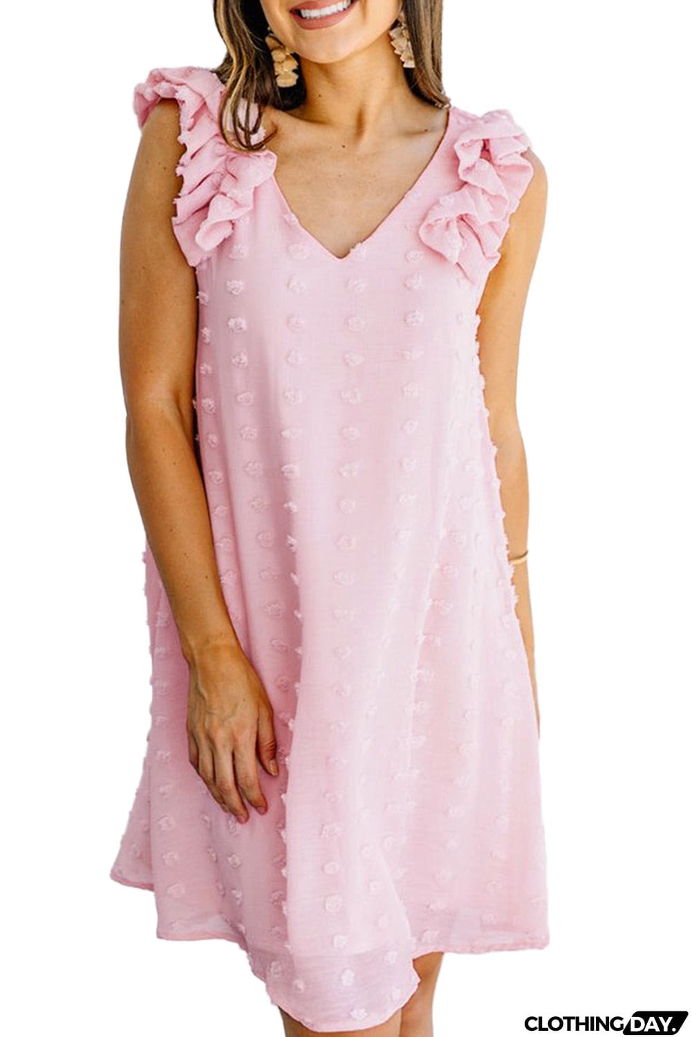 Swiss Dot V Neck Ruffled Sleeveless Mini Dress