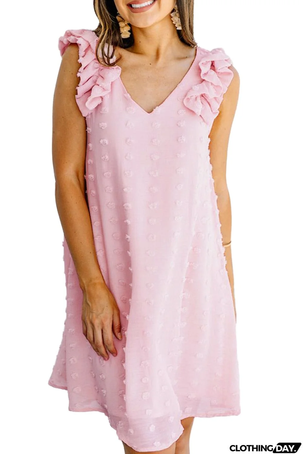 Swiss Dot V Neck Ruffled Sleeveless Mini Dress