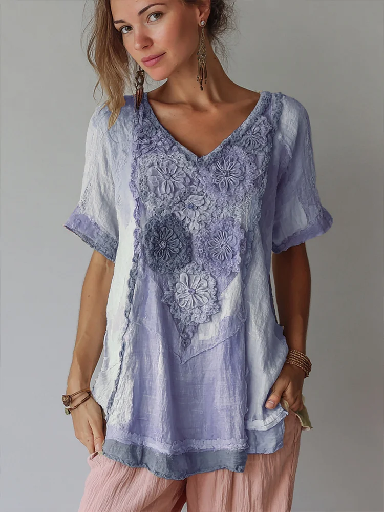 Women's Vintage Floral Color Block Linen Short Sleeve T-shirt