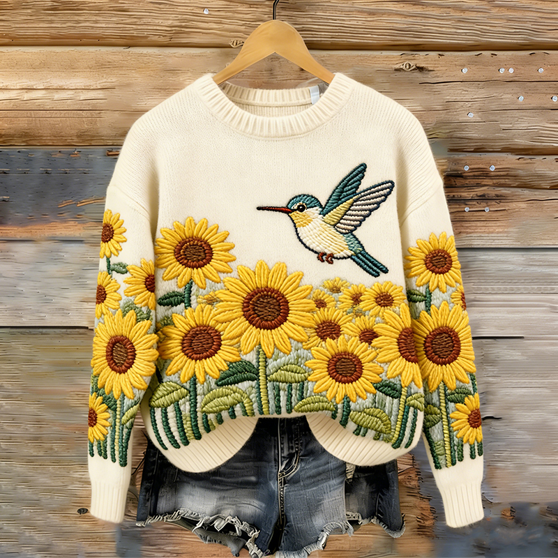 Women's Sunflower And Bird Pattern Comfortable Knit Sweater wearshes