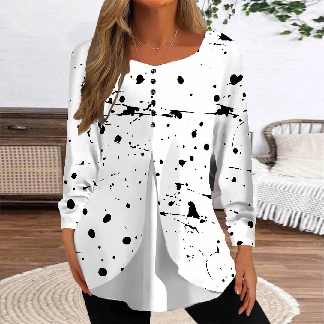 Women Striped,Polka Dot,White DZGG8358 Long Sleeve Scoop Neck Printed Graphic Button Fake 2in1 Tops