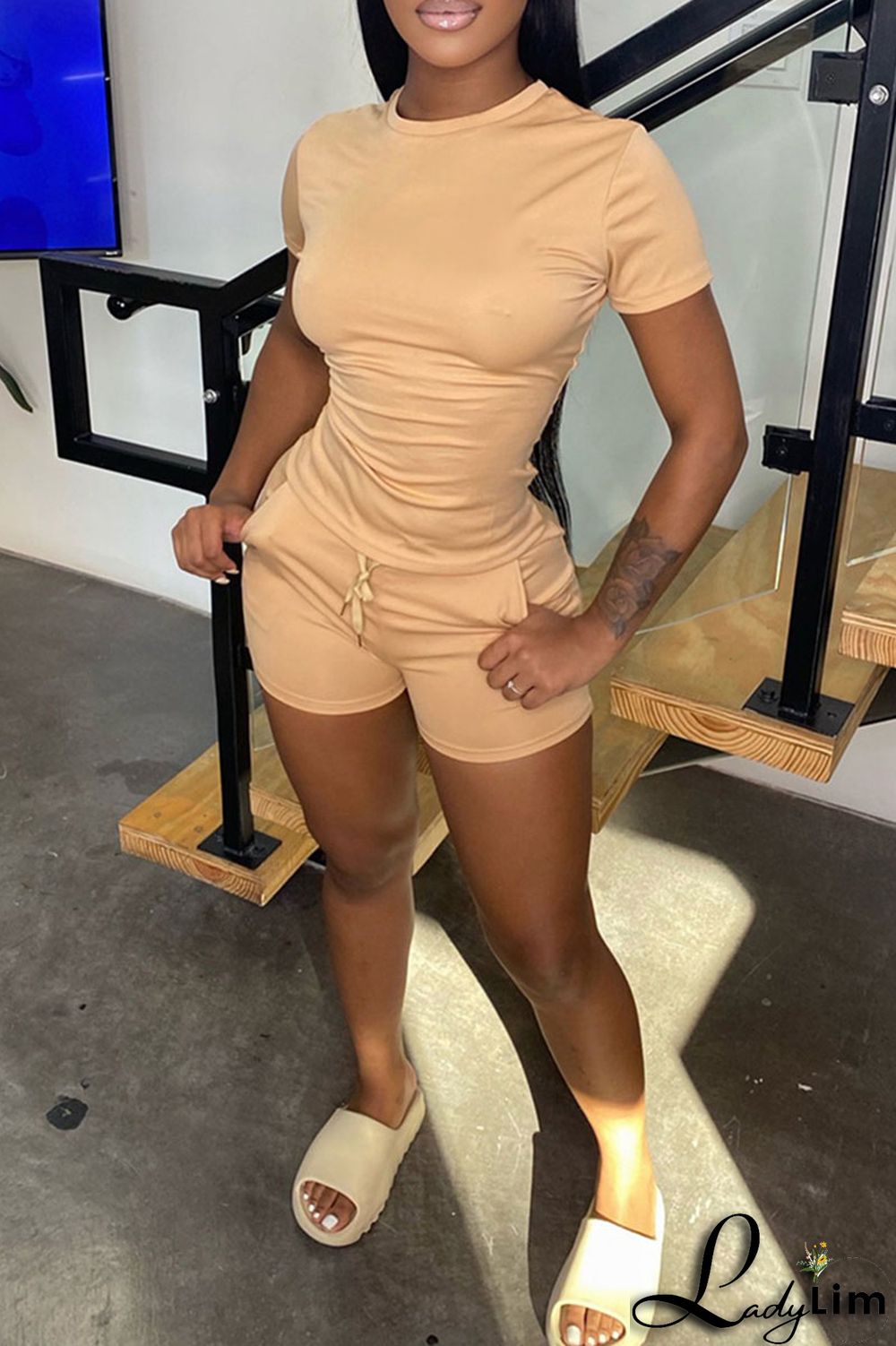 Green Casual Solid Patchwork O Neck Short Sleeve Two Pieces