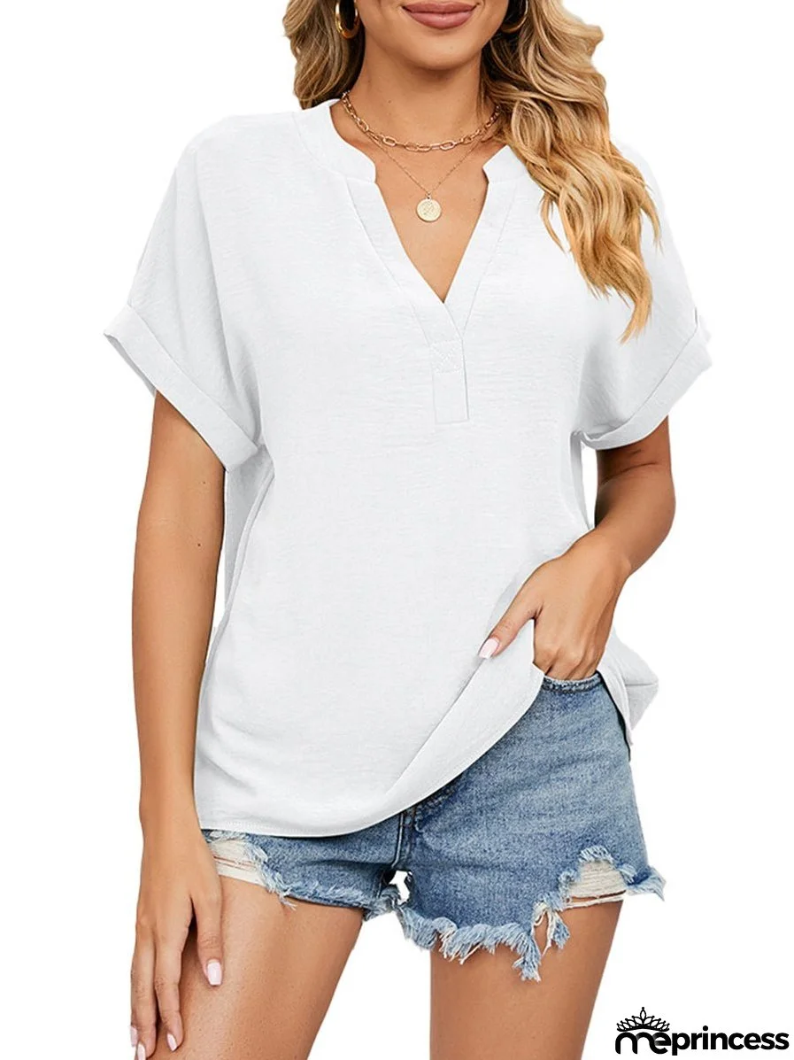 Solid Color V-Neck Loose Short Sleeve Chiffon T-Shirt
