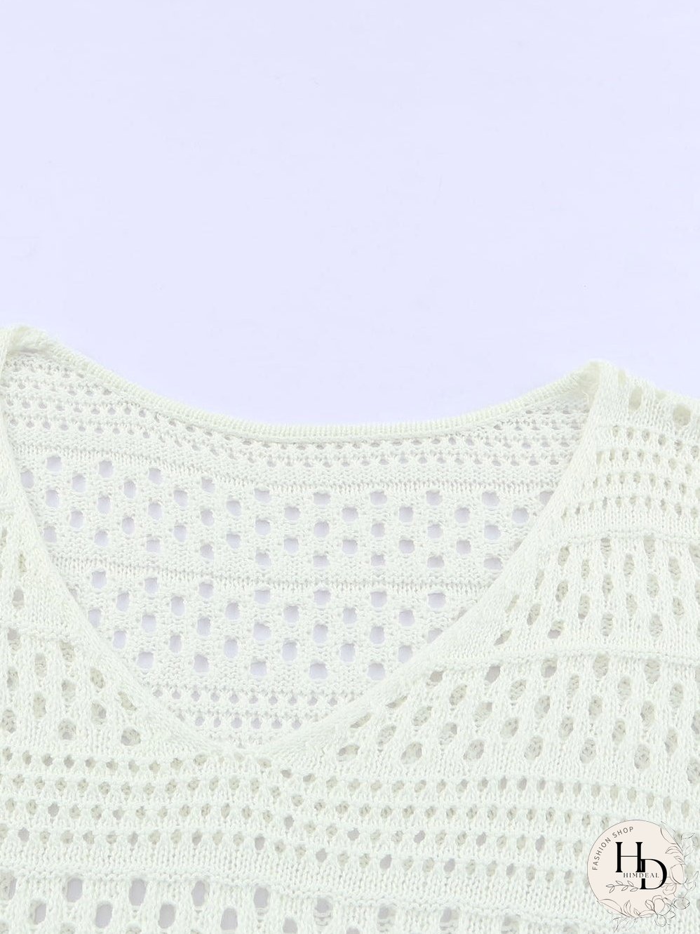 White Crochet V Neck Pullover Sweater with Hollow Out Detail
