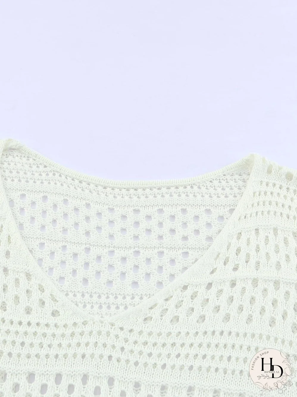 White Crochet V Neck Pullover Sweater with Hollow Out Detail
