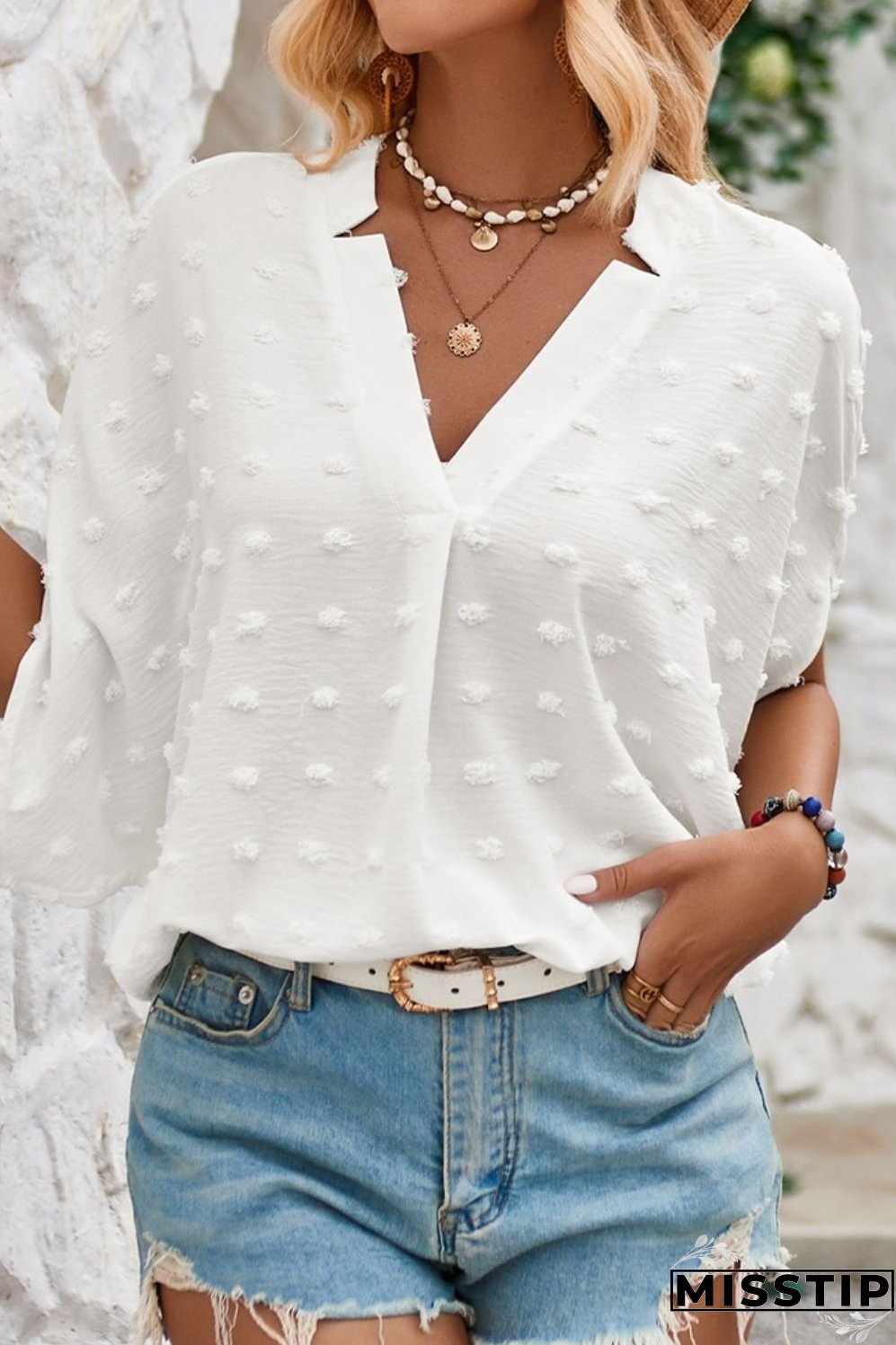 Swiss Dot Notched Half Sleeve Blouse