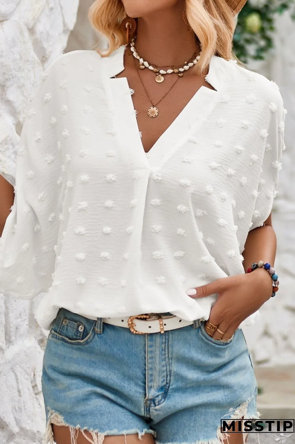 Swiss Dot Notched Half Sleeve Blouse