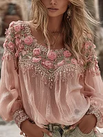 Women's Romantic Floral Embroidered Art Print Flowy Linen Blend Casual Tops