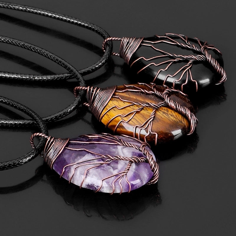 Retro Water Droplets Alloy Natural Stone Leather Rope Pendant Necklace In Bulk