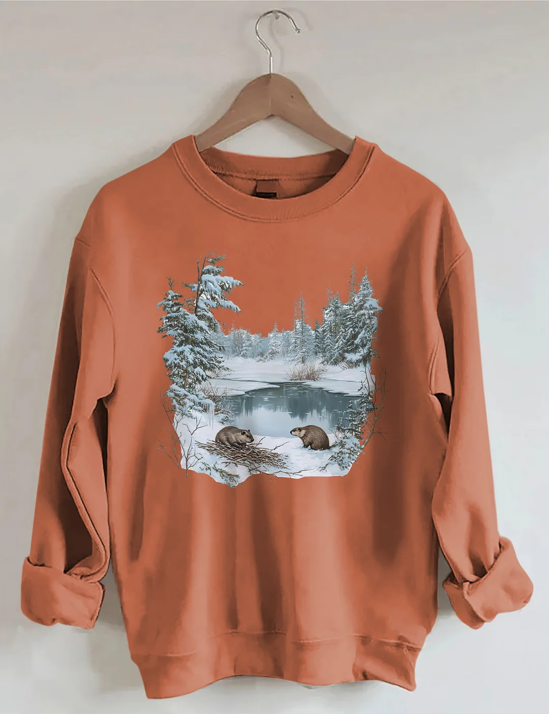 Beavers Winter Pond Snowy Scene Sweatshirt