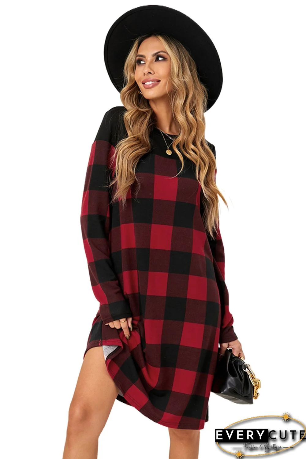 Buffalo Plaid Splicing Long Sleeve Mini Dress