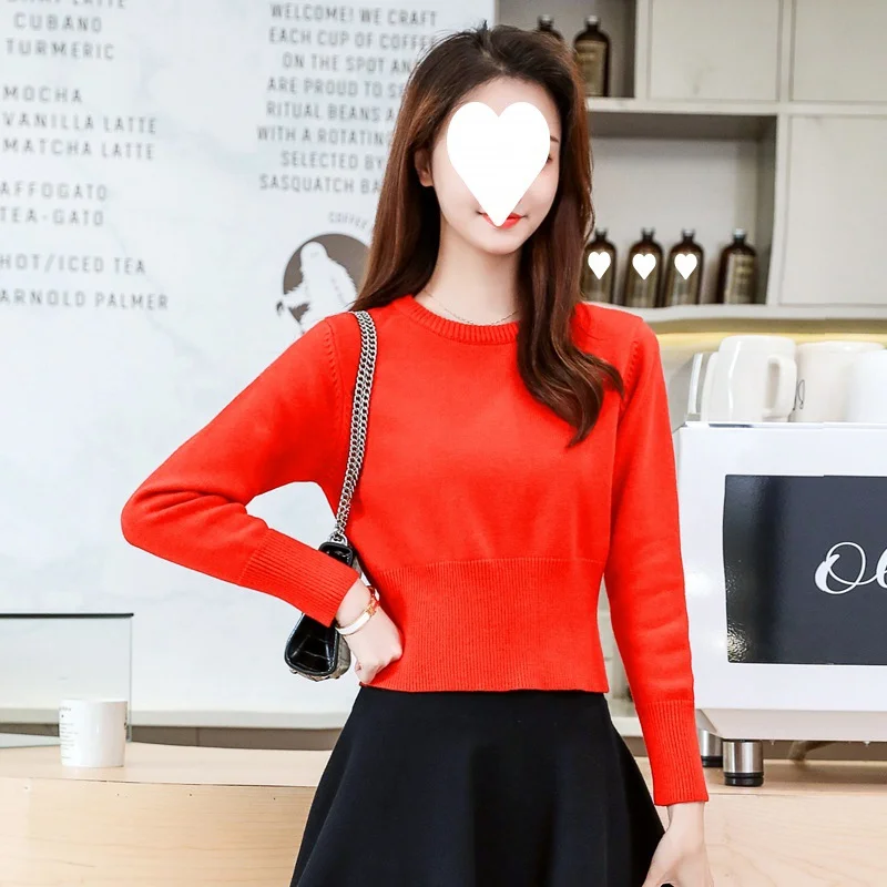 Uveng Uveng Autumn And Winter High-Waisted Short Round Neck Long Sleeves Knitted Waist Small Man Short Shirt Woman