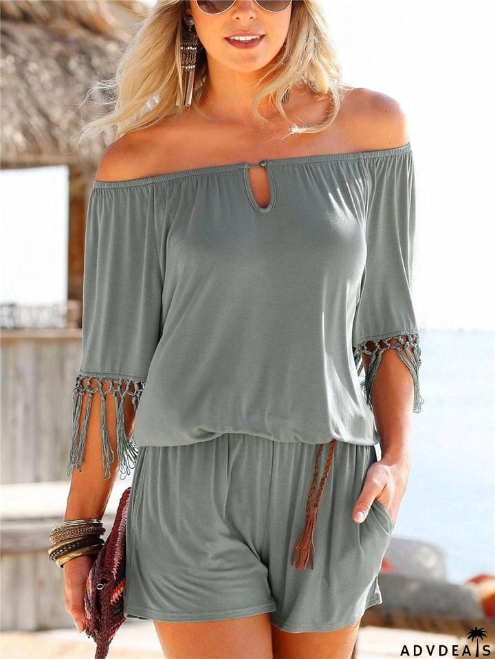 Stylish Off Shoulder Tassel Half Sleeve Pocket Rompers