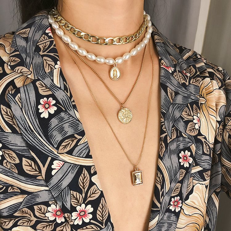 Vintage coin gem multi-layer pearl necklace