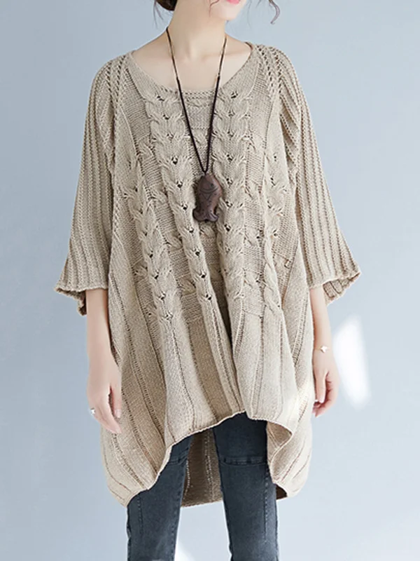 Vintage Loose Solid Color Round-Neck Batwing Half Sleeves Knitting Sweater