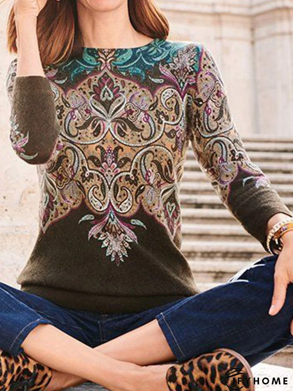 Long Sleeve Printed Crew Neck Tops | IFYHOME