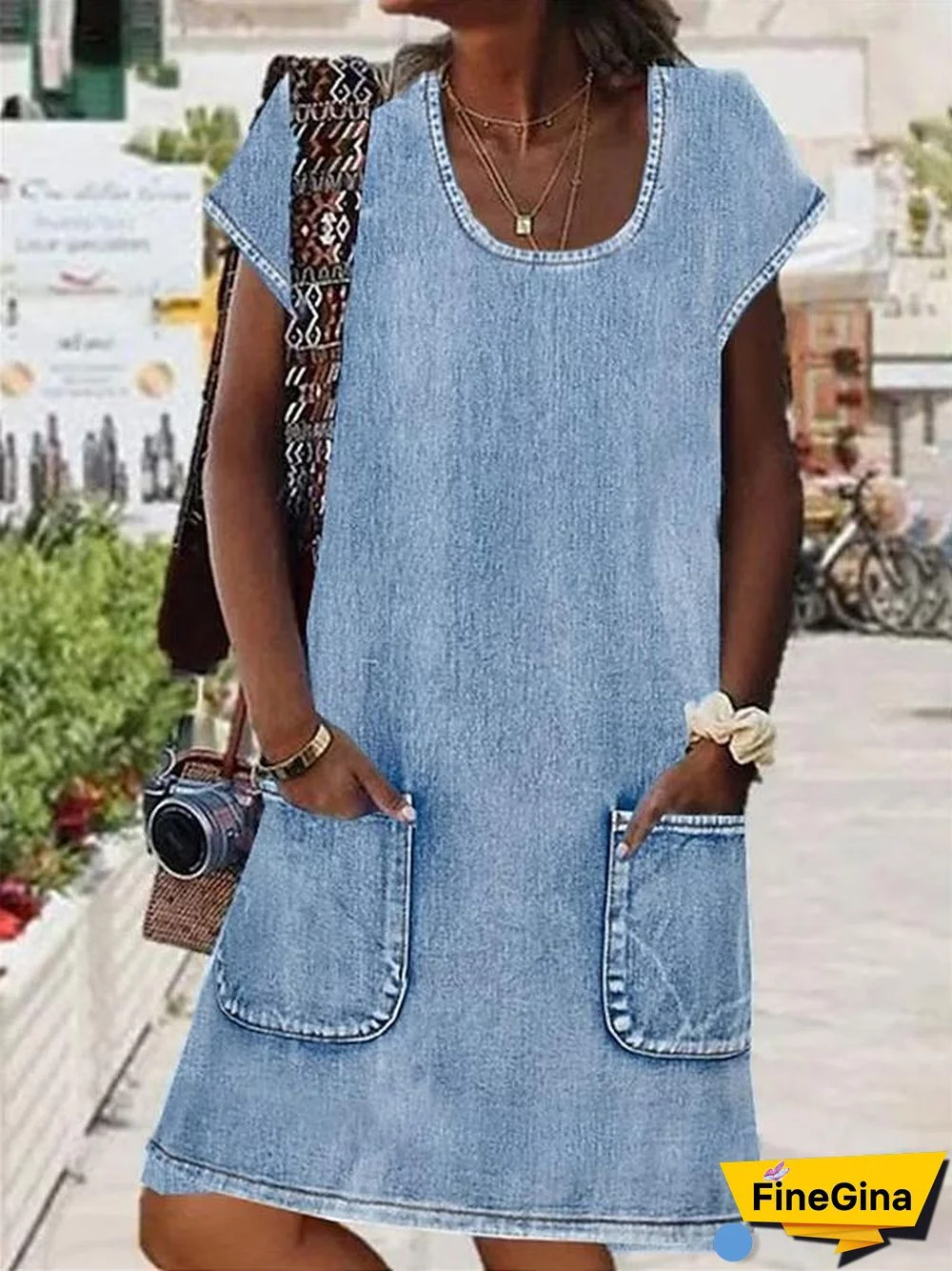 Blue Plain Short Sleeve Mini Dress