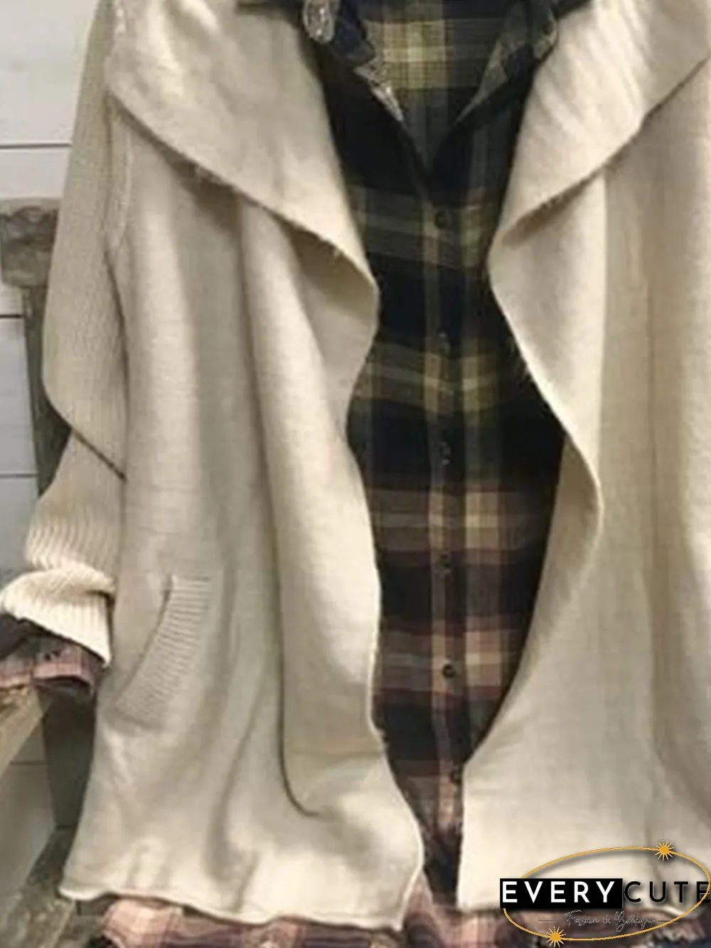 Women Vintage Plain Autumn Polyester Pockets Sports Statement Long sleeve Shawl collar